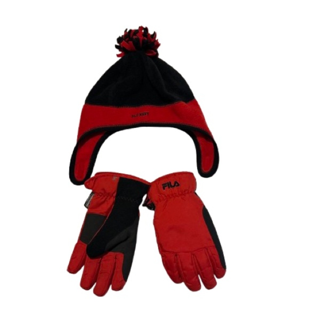 Set of Fila Kids Red and Black Snow Gloves & Old Navy Kids Pom-Pom Hat